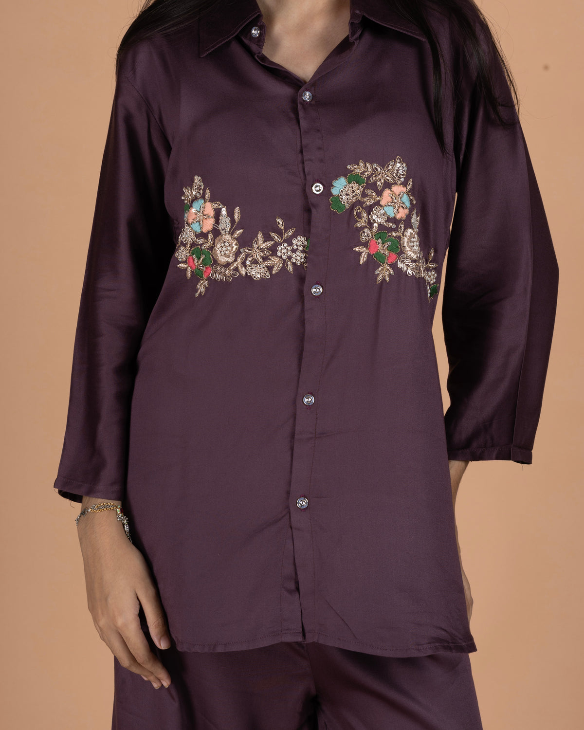 Gajji Silk-Cotton Co-Ord Set with Floral Zardosi Work in Deep Plum