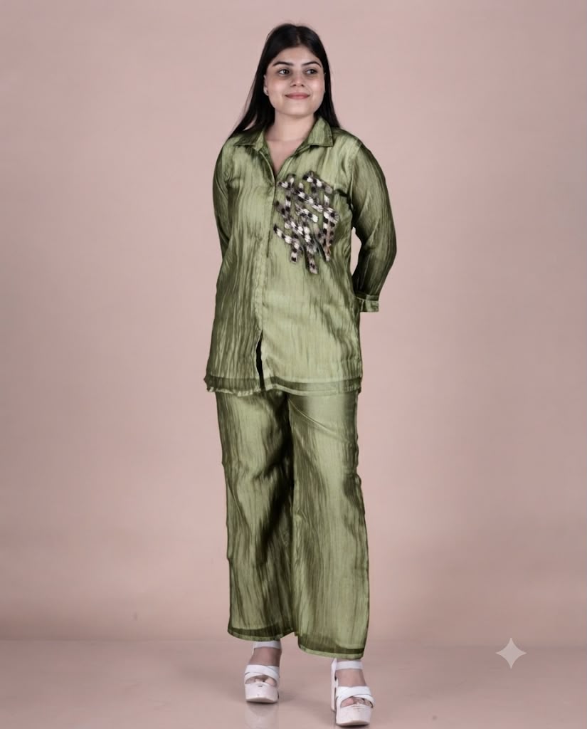 Glass Tissue Co-Ord Set with Metallic Geometric Work & Collared Tunic
