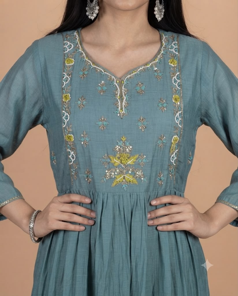 Pure Mul A-Line Kurti Set with Embroidered Yoke & Booti Dupatta