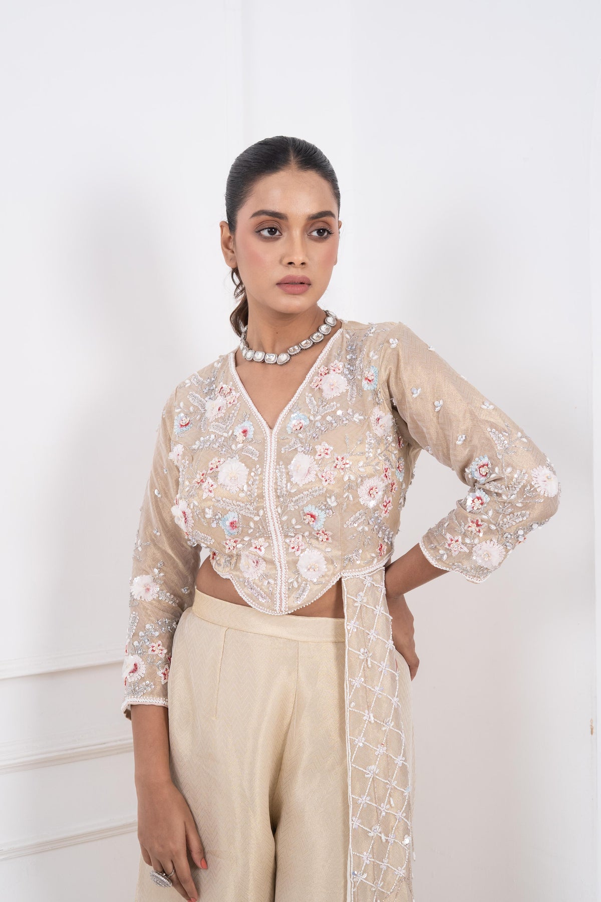 3D Hand-Embroidered Jacquard Tissue Blouse with Attached Trail & Wide-Leg Palazzo Set