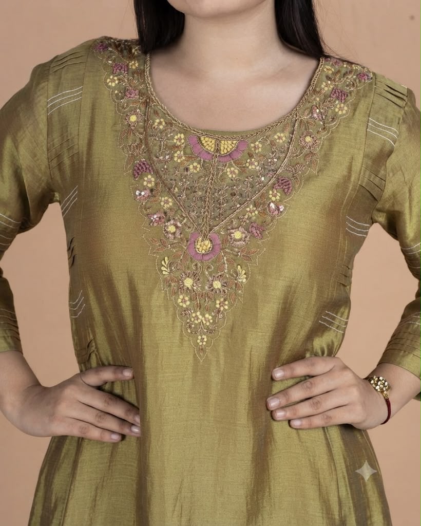 Pure Mul Kurti Set with Zardosi Neckline & Pintuck Side Panels