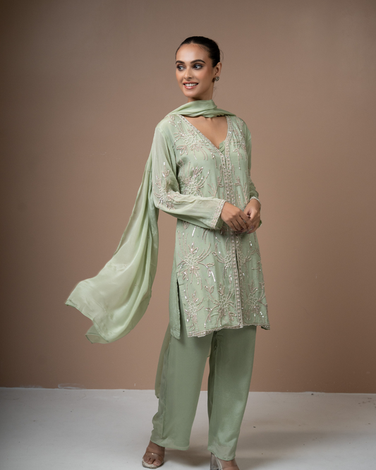Sequin & Pearl Embroidered Chinon Kurta Palazzo Set