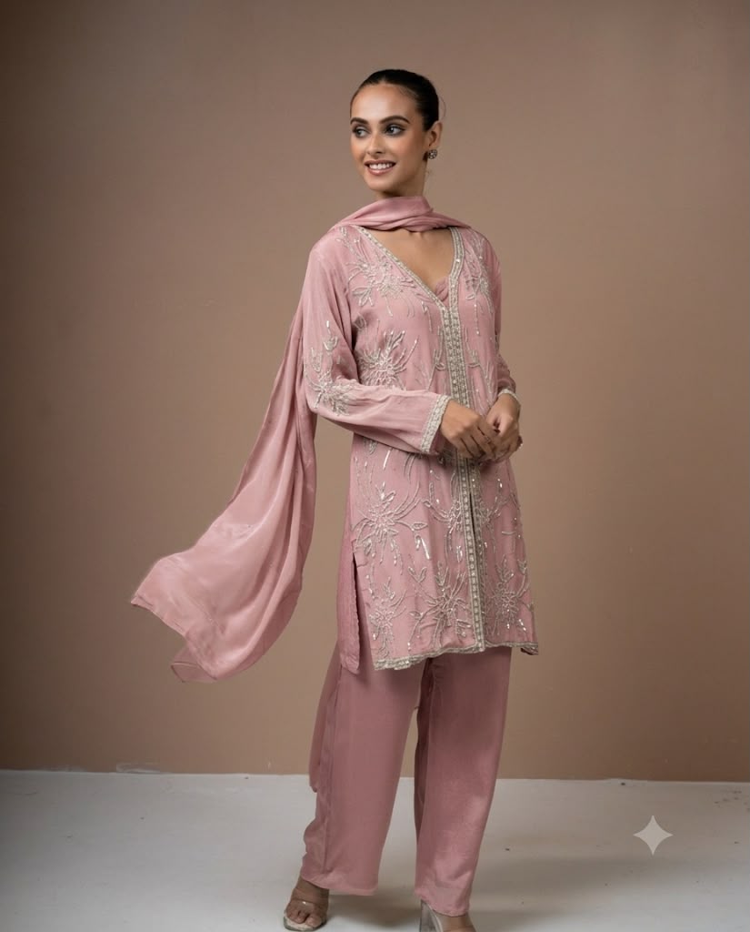 Sequin & Pearl Embroidered Chinon Kurta Palazzo Set