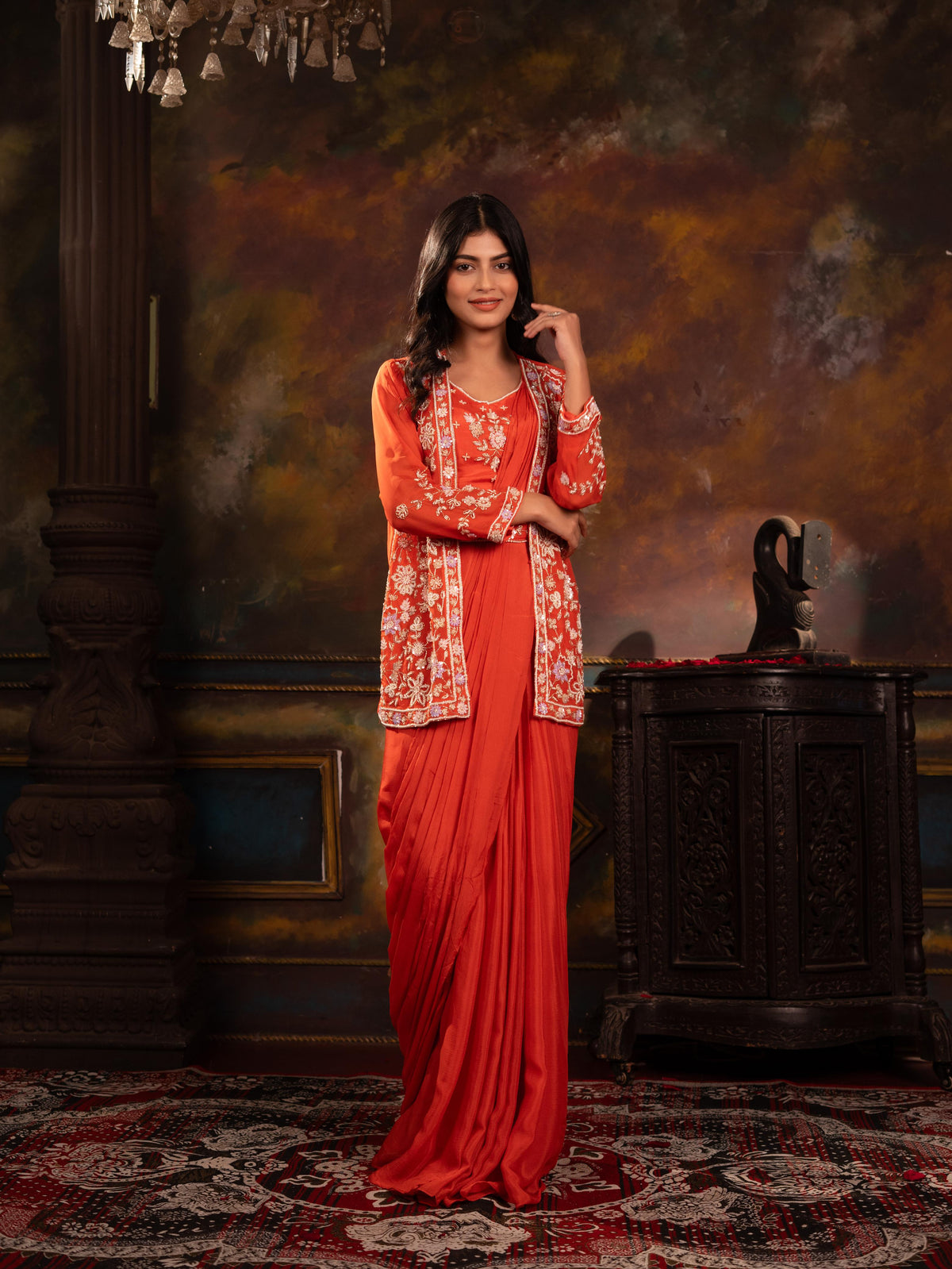 Sequin Embroidered Jacket, Blouse & Pre-Draped Saree Skirt Set with Belt
