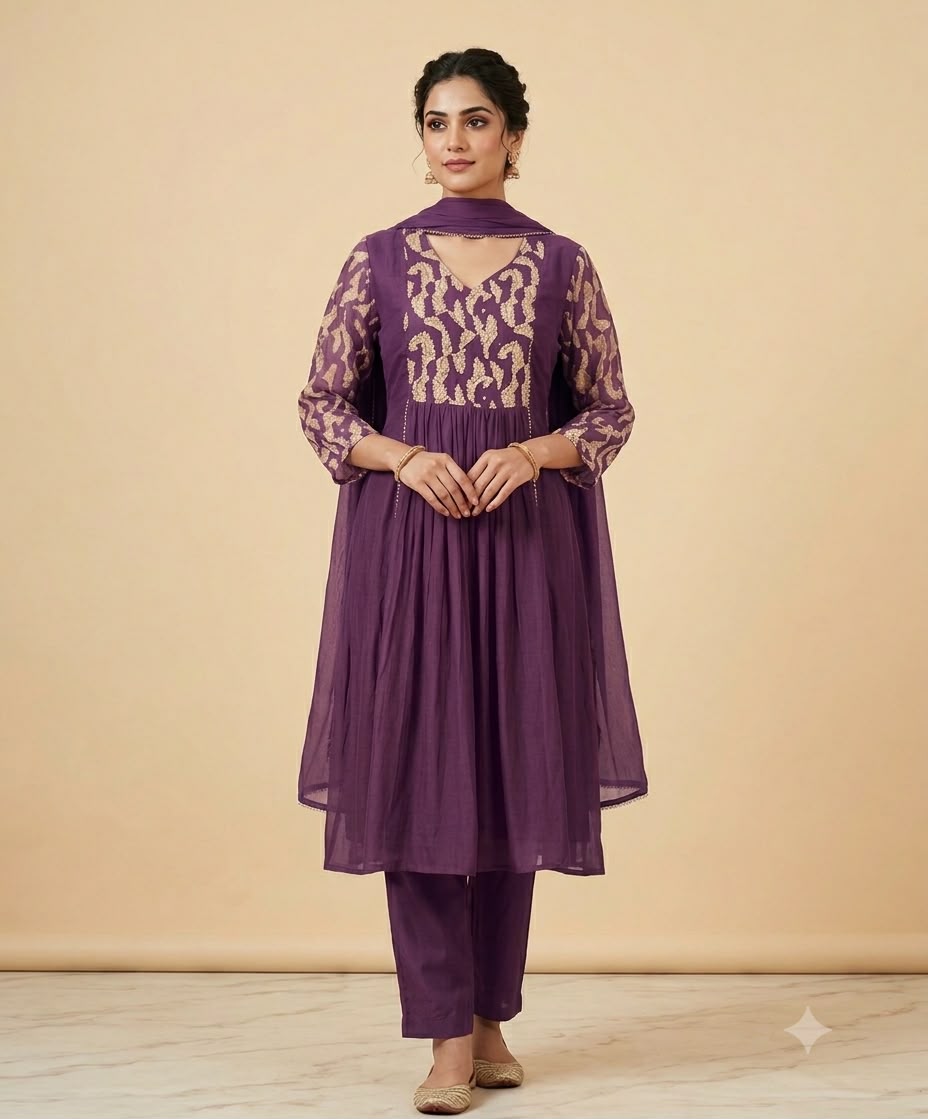 Printed Pure Mul Chanderi A-Line Kurti Set with French Knot Yoke & Matching Dupatta