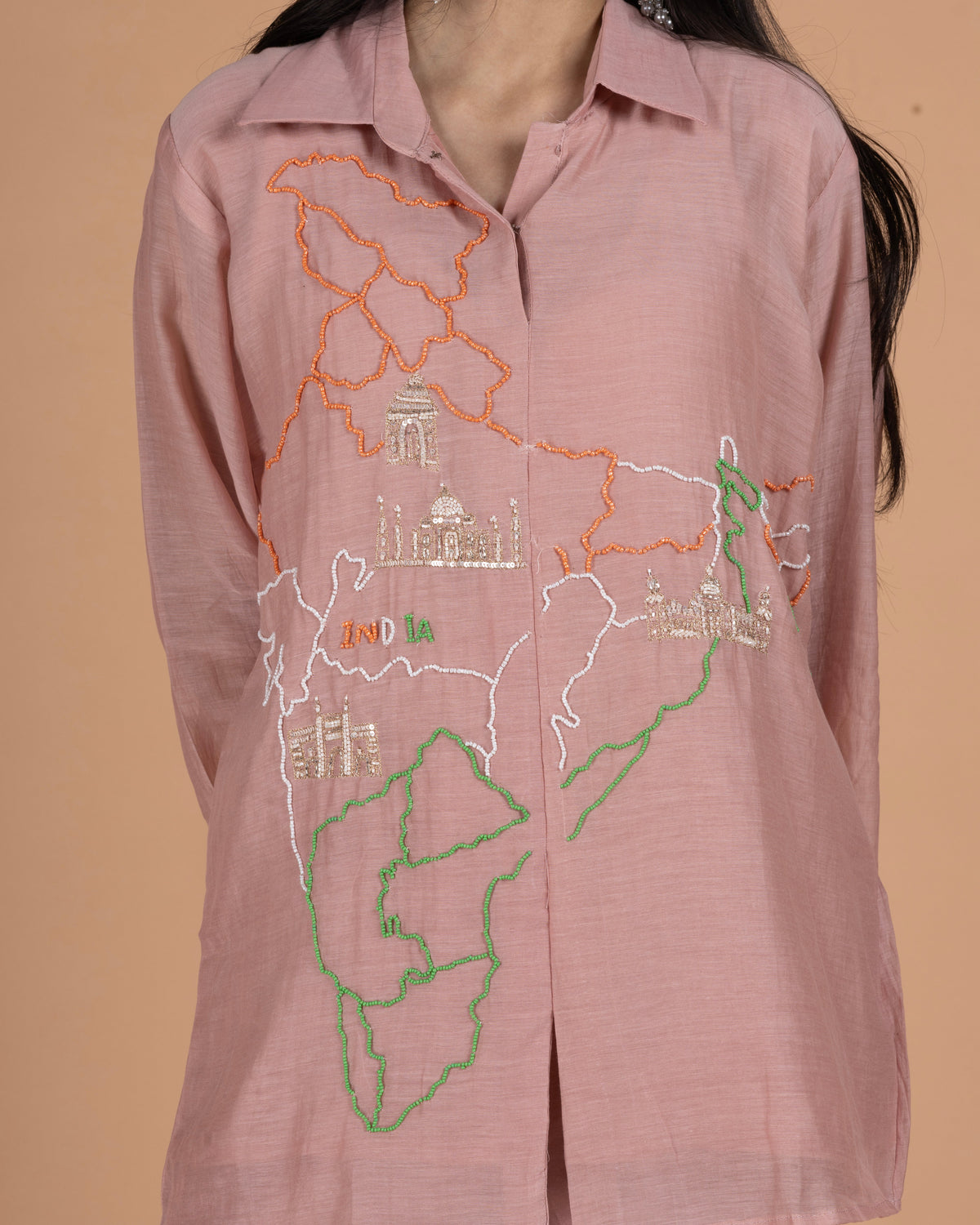 Pure Mul Co-Ord Set with India Map Beadwork & Sequin Heritage Motifs in Dusty Rose