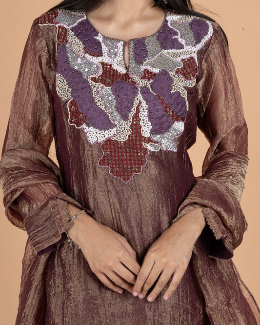 Crush Tissue Kurti Set with Abstract Appliqué Yoke & Palazzo in Metallic Bronze