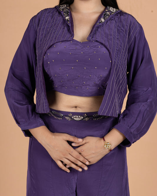Crepe Indo-Western Set with Pintuck Cropped Jacket, Sweetheart Blouse & Kali Pants