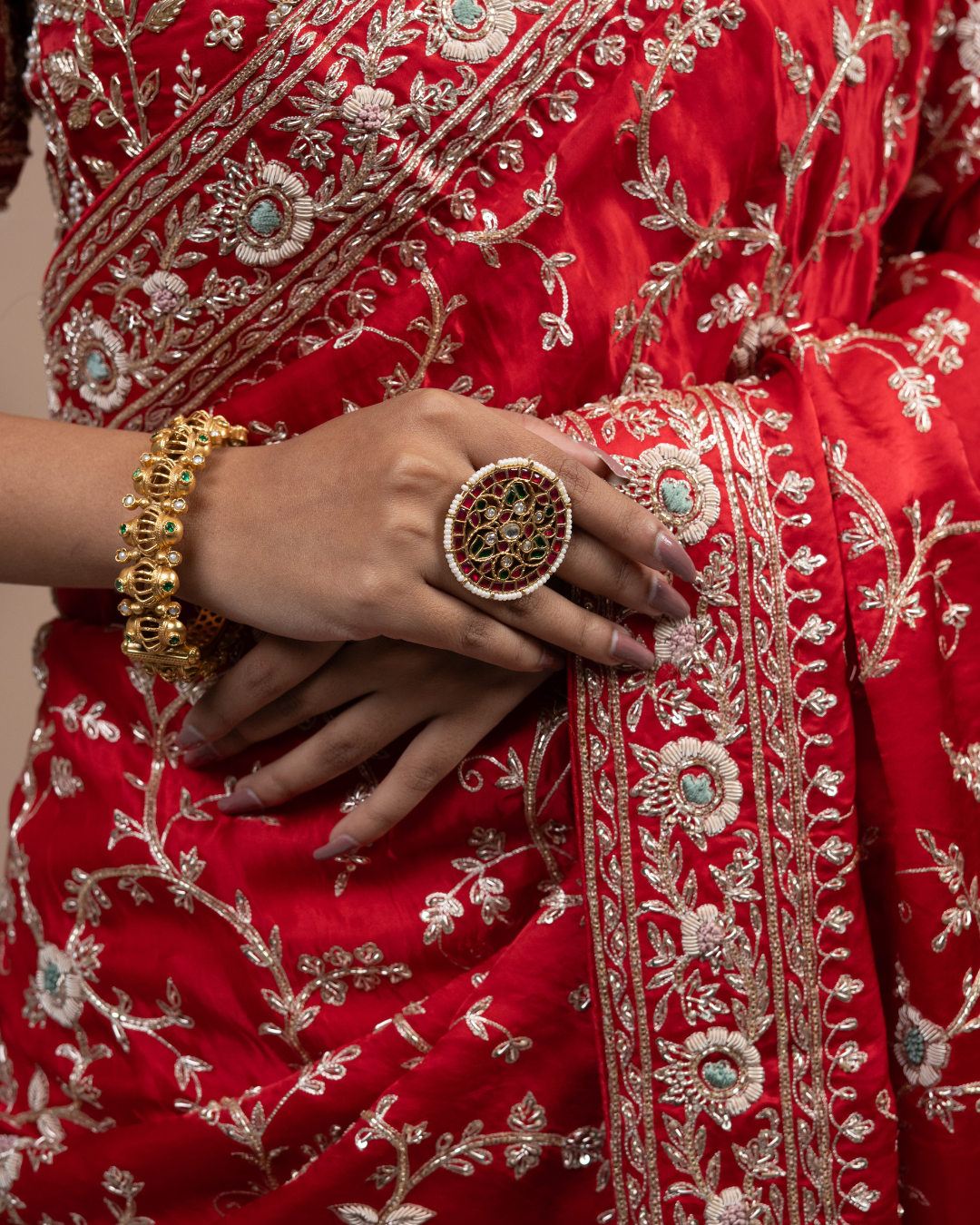Crimson Red satin Saree with Floral Jaal & Zardozi Border