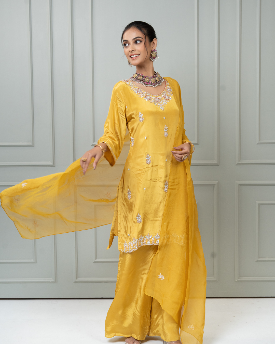 Sequin, Pearl & Cutdana Hand-Embroidered Pure Crepe Kurta Palazzo Set