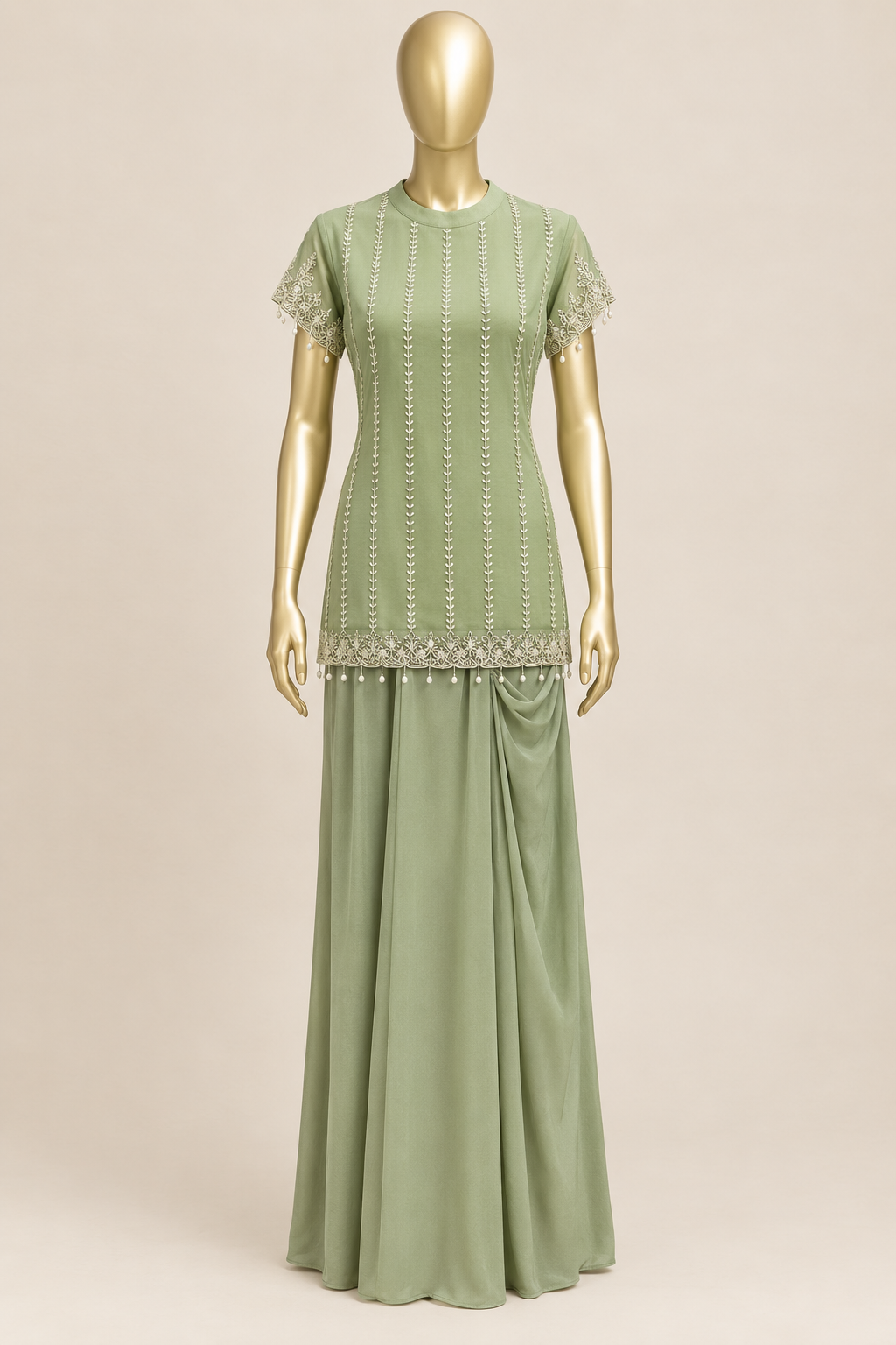 Pearl-Embroidered Organza Top with Shell Tassels & Pure Crepe Draped Skirt Indo-Western Set
