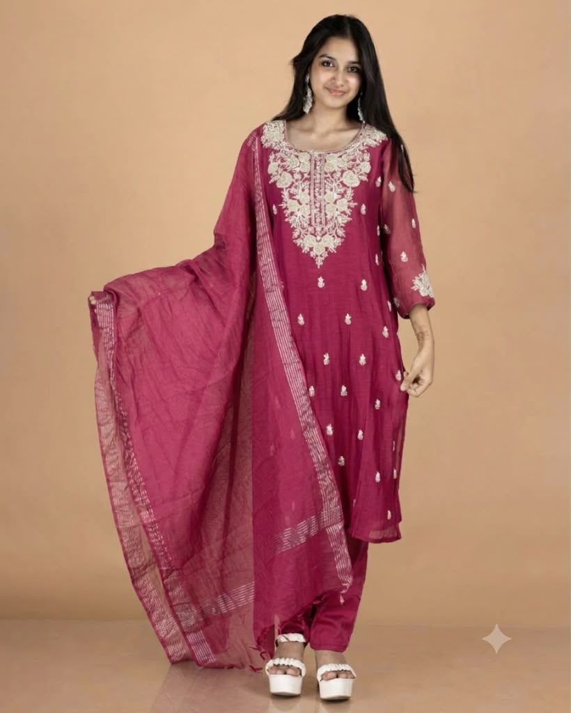 Pure Mul Straight Kurti Set with Patchwork Yoke Embroidery & Zari Dupatta