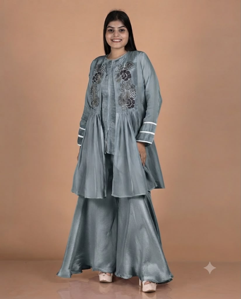 Kanjeevaram Vest Set with Antique Embellished Organza Peplum Jacket & Tissue Palazzo