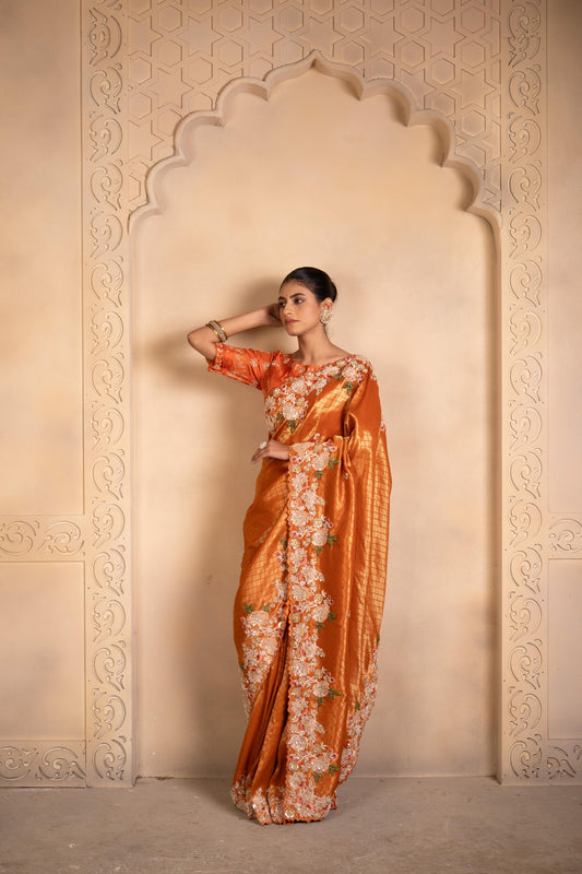 Rust Orange Grid Tissue Saree with Scalloped Floral Border
