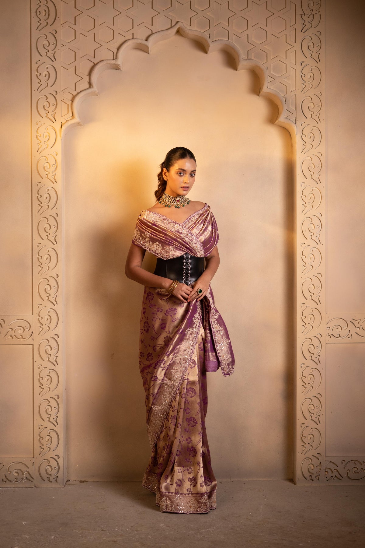Purple Self-Weave Brocade Saree with Heavy Zardozi Border