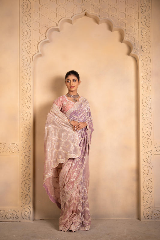 Ombré Tissue Saree with Scalloped Embroidered Jaal
