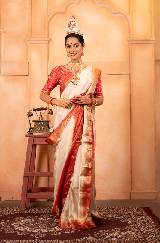 Hand-Embroidered Tissue Saree with Woven Contrast Zari Border