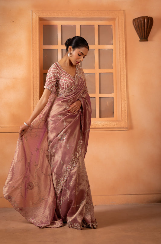 Rose Dust Tissue Saree with Floral Jaal & Zardozi Scalloped Border