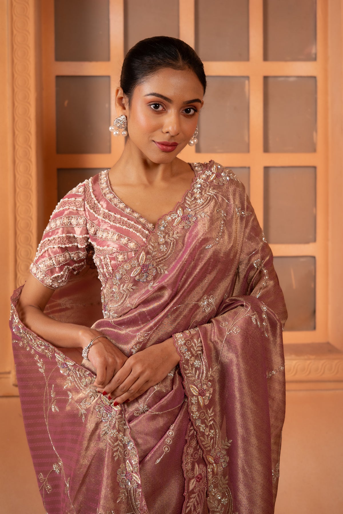 Rose Dust Tissue Saree with Floral Jaal & Zardozi Scalloped Border