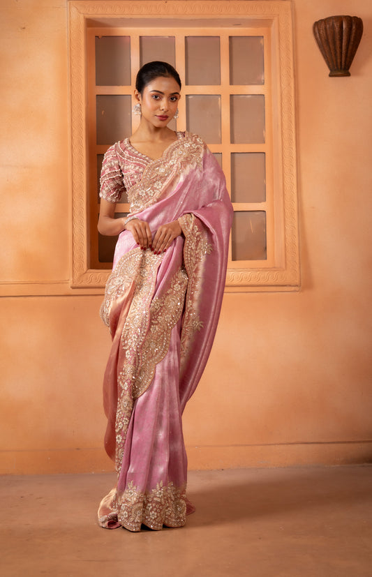 Blush Pink Ziraf Tissue Saree with Heavy Scalloped Floral Border