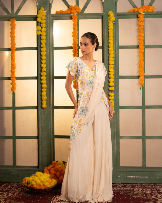Intricately Hand-Embroidered Blouse with Pre-Draped Pallu & Flared Palazzo Set