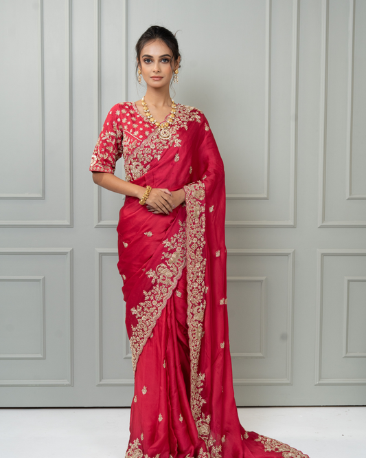 Rani Pink Satin Silk Saree with Elephant & Peacock Zardozi Border