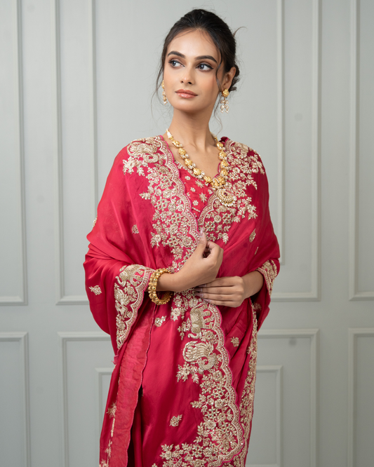 Rani Pink Satin Silk Saree with Elephant & Peacock Zardozi Border
