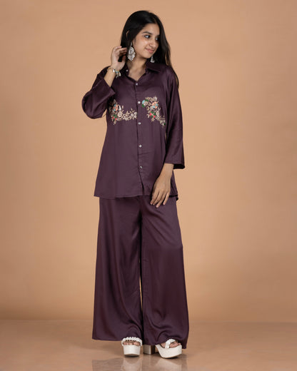 Gajji Silk-Cotton Co-Ord Set with Floral Zardosi Work in Deep Plum