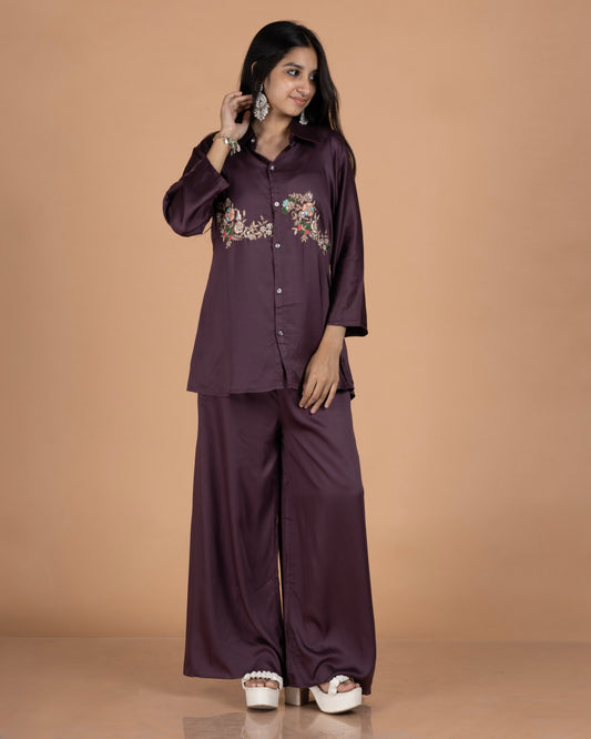 Gajji Silk-Cotton Co-Ord Set with Floral Zardosi Work in Deep Plum