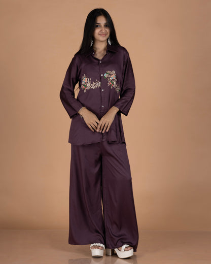Gajji Silk-Cotton Co-Ord Set with Floral Zardosi Work in Deep Plum