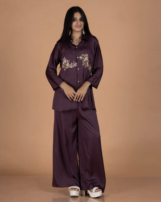 Gajji Silk-Cotton Co-Ord Set with Floral Zardosi Work in Deep Plum