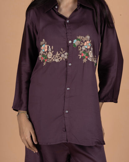 Gajji Silk-Cotton Co-Ord Set with Floral Zardosi Work in Deep Plum