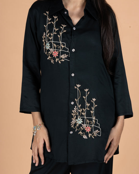 Black Gajji Cotton Co-Ord Set with Embroidered Floral Motifs & Wide-Leg Pants