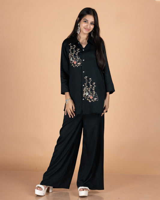 Black Gajji Cotton Co-Ord Set with Embroidered Floral Motifs & Wide-Leg Pants