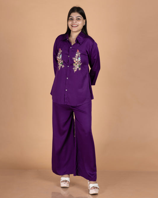 Deep Purple Gajji Cotton Co-Ord Set with Zardosi & Thread Work