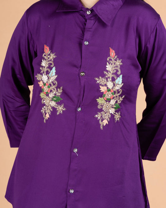 Deep Purple Gajji Cotton Co-Ord Set with Zardosi & Thread Work