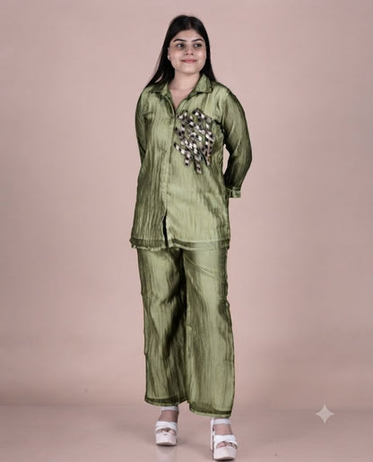 Glass Tissue Co-Ord Set with Metallic Geometric Work & Collared Tunic