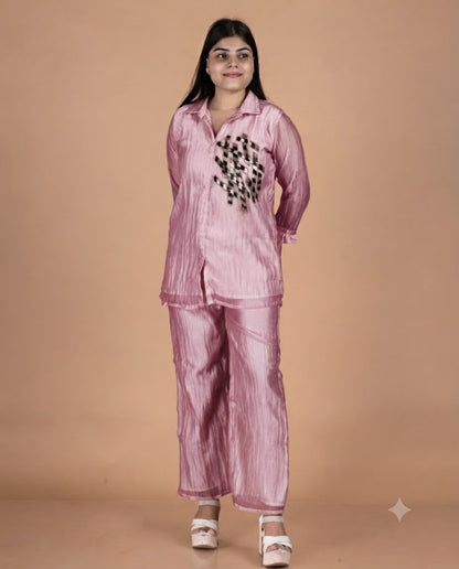Glass Tissue Co-Ord Set with Metallic Geometric Work & Collared Tunic