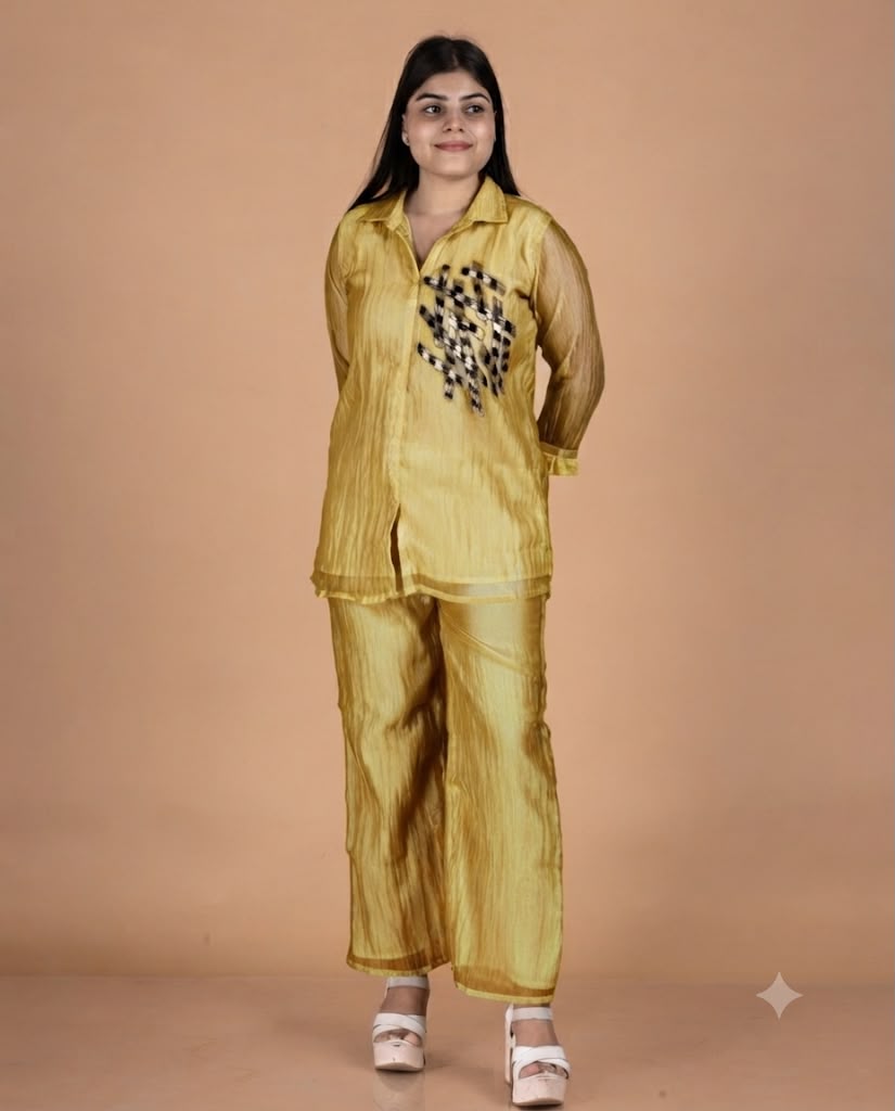 Glass Tissue Co-Ord Set with Metallic Geometric Work & Collared Tunic