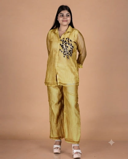 Glass Tissue Co-Ord Set with Metallic Geometric Work & Collared Tunic