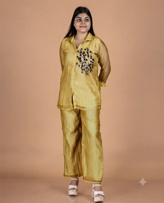 Glass Tissue Co-Ord Set with Metallic Geometric Work & Collared Tunic