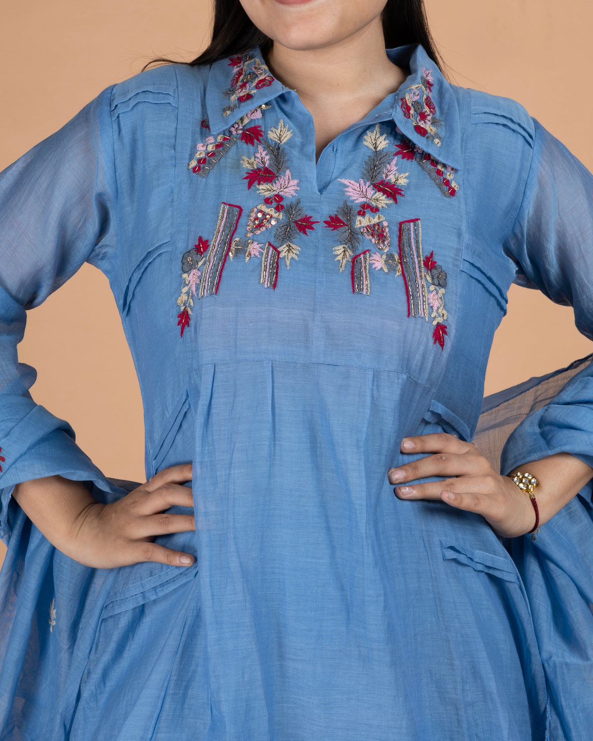 Thread Embroidered Collared Mul Chanderi A-Line Kurta Set