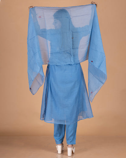 Thread Embroidered Collared Mul Chanderi A-Line Kurta Set