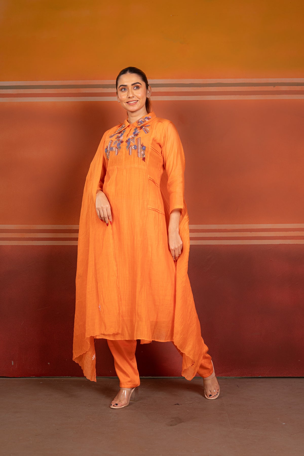 Thread Embroidered Collared Mul Chanderi A-Line Kurta Set