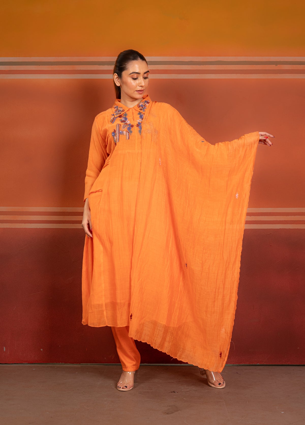 Thread Embroidered Collared Mul Chanderi A-Line Kurta Set