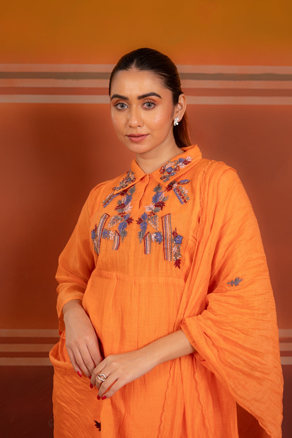 Thread Embroidered Collared Mul Chanderi A-Line Kurta Set