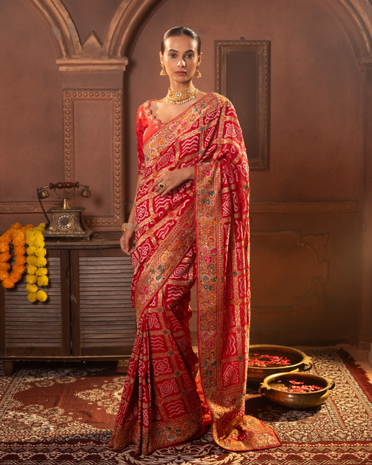 Pure Georgette Bandhani Saree with Zardozi Floral Border