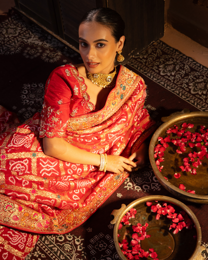 Pure Georgette Bandhani Saree with Zardozi Floral Border