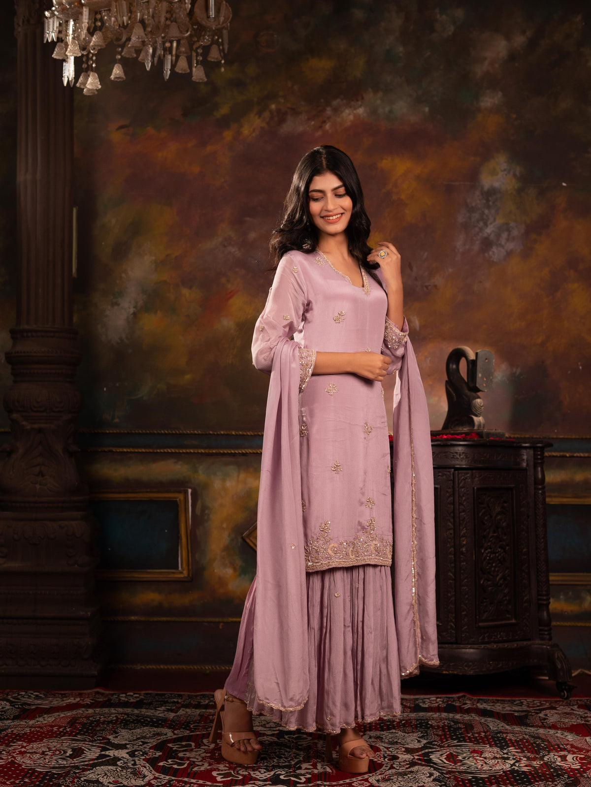 Zardozi Embroidered Chinon Kurta Sharara Set