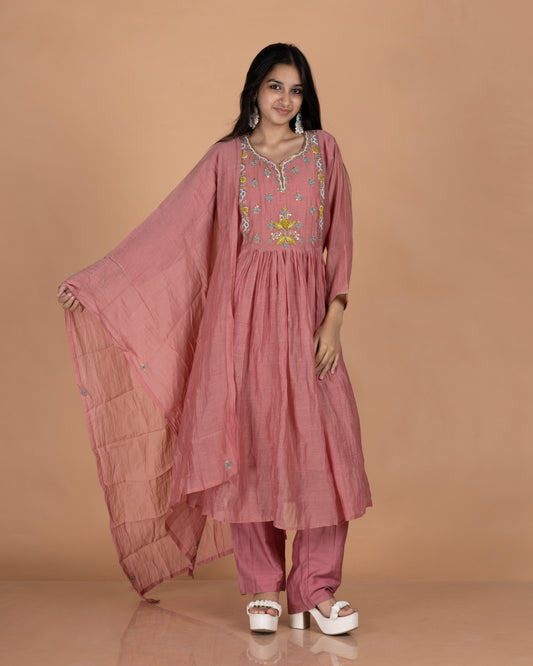 Pure Mul A-Line Kurti Set with Embroidered Yoke & Booti Dupatta
